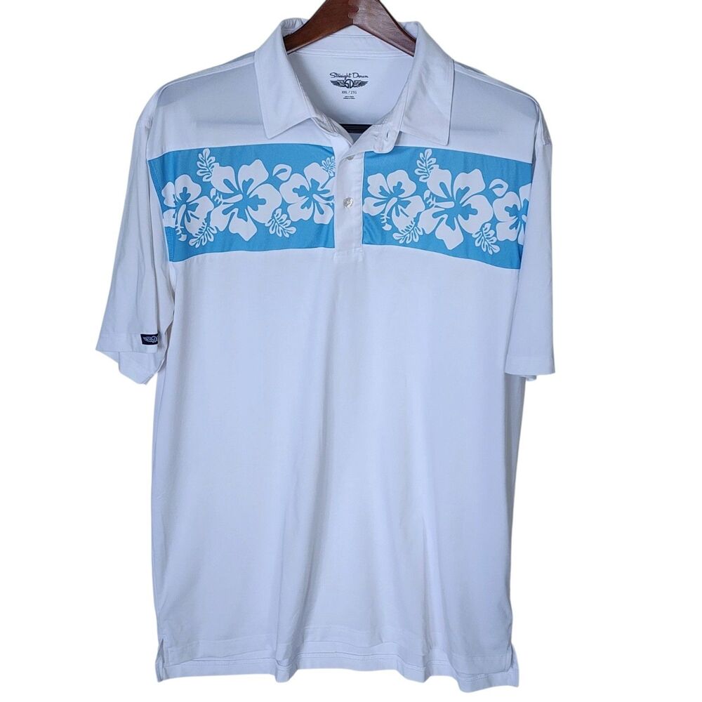 Straight Down Mens Golf Shirt 2XL White Blue Floral Hibiscus Polo Short Sleeve